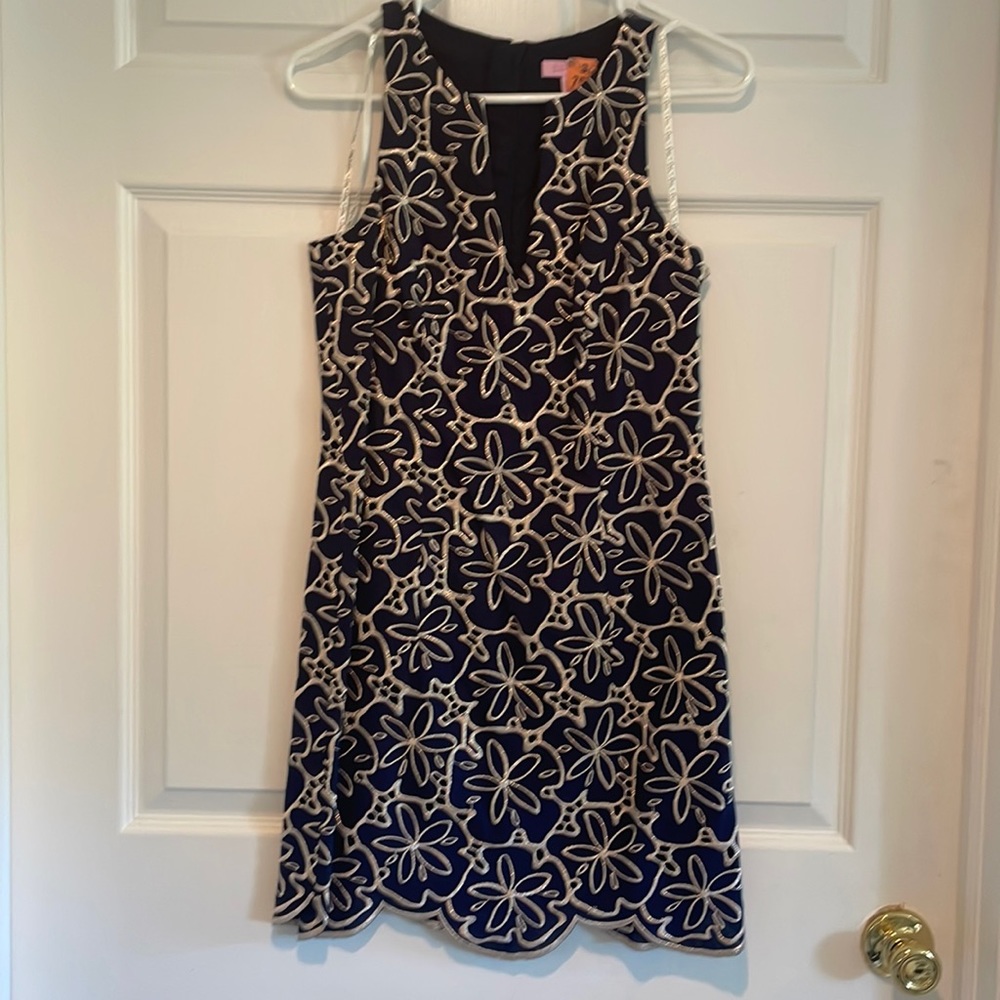 Lilly Pulitzer navy and gold sand-dollar dress